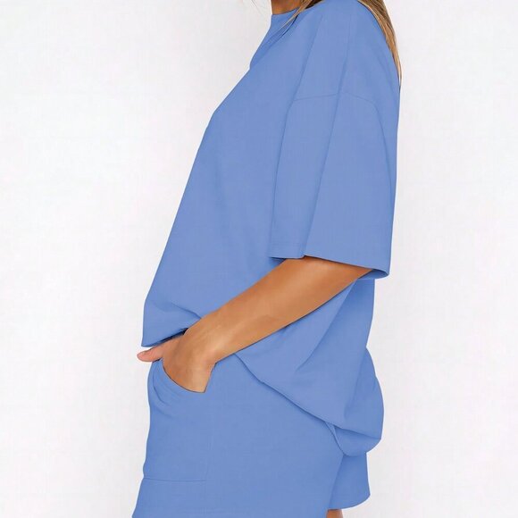 Dusty Blue Casual Women's Solid Color Drop Shoulder Sleeve T-Shirt & Shorts Set - Picture 4 of 4